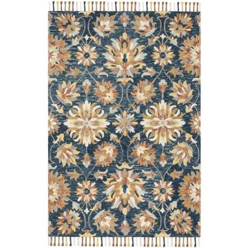  Tuscan Blue Gold Floral Handmade Wool Carpet 