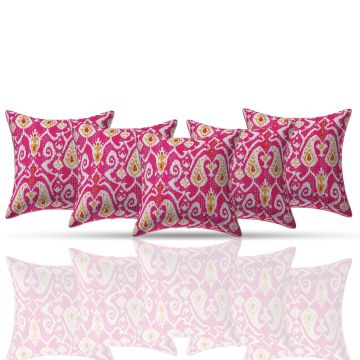 Rugsville Kantha Ikat Pink Cotton Pillow Cover 16" x 16" 5 Pc set