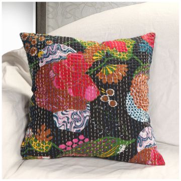 Rugsville Ethnic Kantha Floral Black Cushion cover 16"x16"