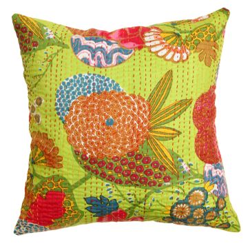 Rugsville Ethnic Kantha Floral Chatreuse Cushion cover 16"x16"