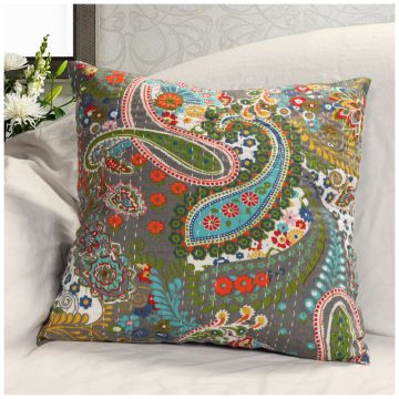 Rugsville Ethnic Kantha Floral Green Cushion cover 16"x16"