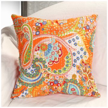 Rugsville Ethnic Kantha Floral Orange Cushion cover 16"x16"
