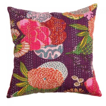 Rugsville Ethnic Kantha Floral Purple Cushion cover  16"x16"