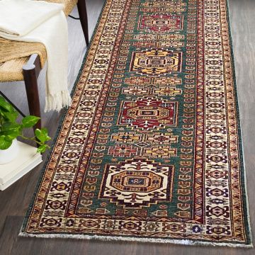 Rugsville Maksat Tribal Kazak Green Hand Knotted Wool Carpet S-3005
