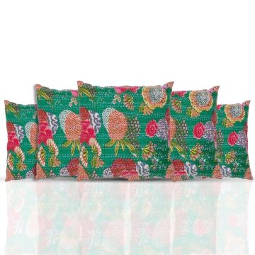 Rugsville Ethnic Kantha Floral Green Cushion cover 16"x16" 5Pc set