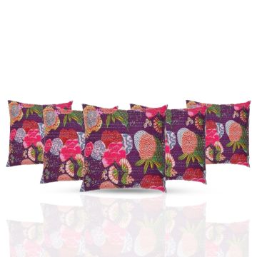 Rugsville Ethnic Kantha Floral Purple Cushion cover 16"x16" 5 Pc set