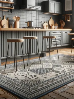 A geometric carpet in front of a kitchen counter