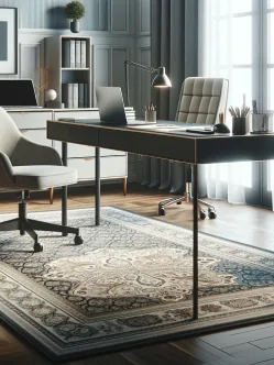 A bordered carpet under a desk and office chair