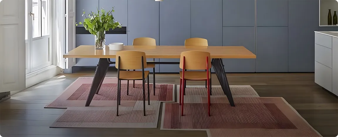 A patterned carpet under a wooden dining table