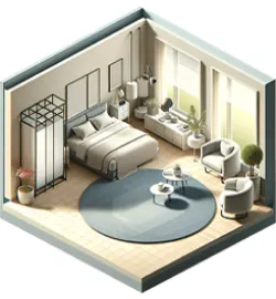A round carpet in a bedroom, drawn as a cut-away room
