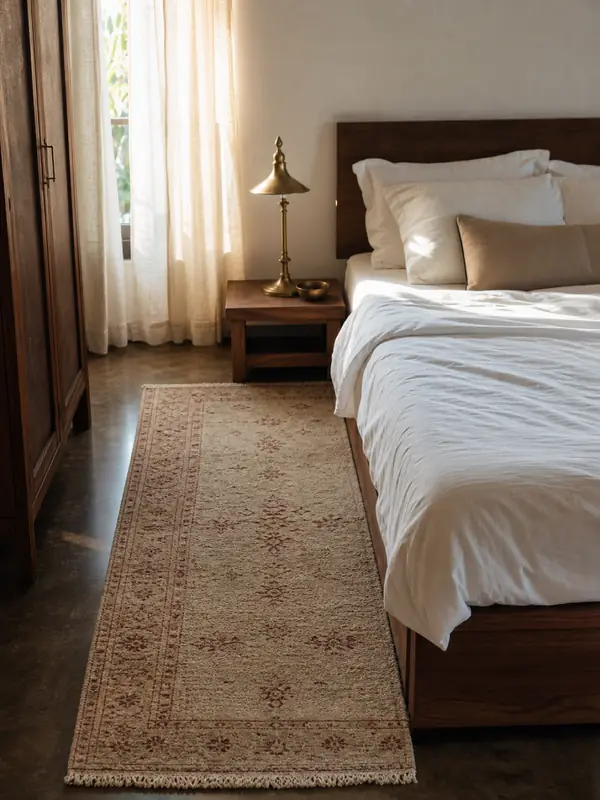 A soft-pile carpet beside a made bed