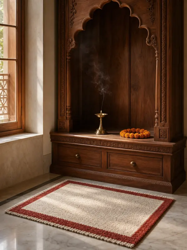 A small bordered rug before a carved teak mandir