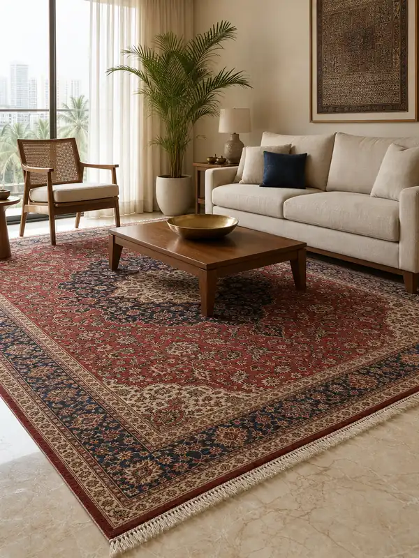 A madder-red carpet under a sofa and teak coffee table