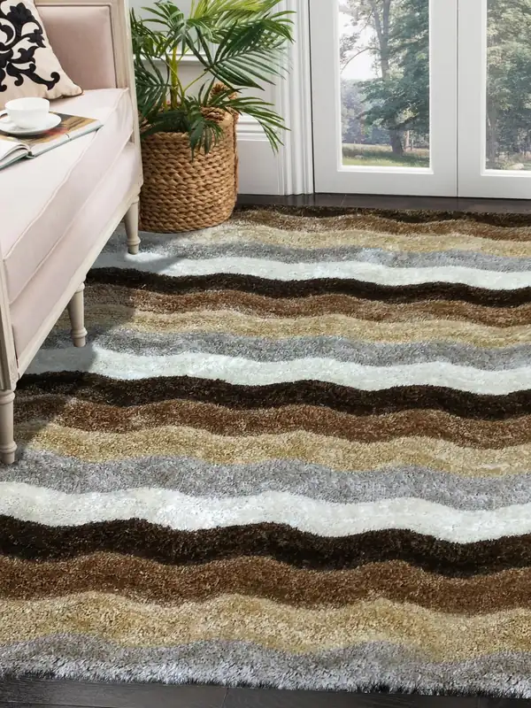 A striped shag carpet in a sunlit living room
