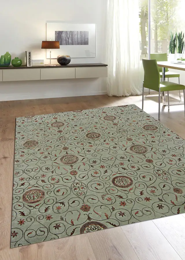 Tibetan Wool & Silk Green, Hand-knotted wool & silk · 6′ × 9′