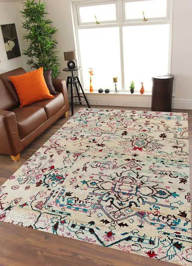 Persian Heriz Hand Knotted Sari Silk Ivory, Hand-knotted sari silk · 6′ × 9′