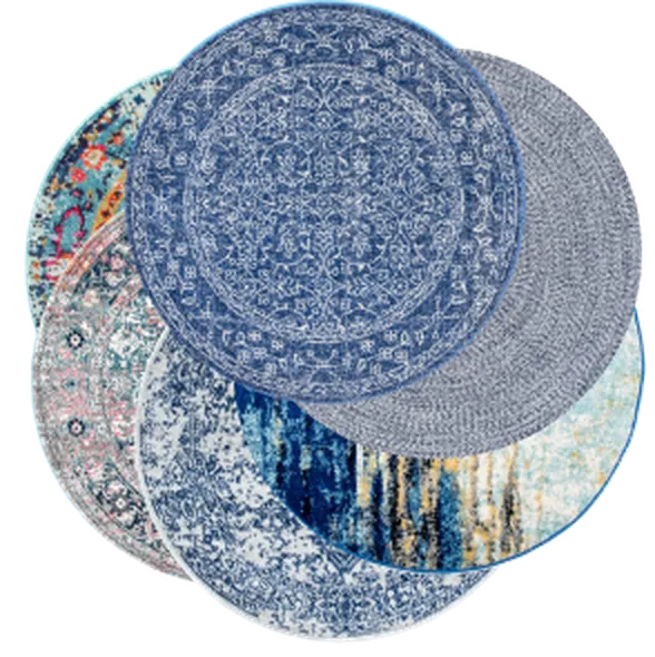 Blue carpets, a stack of round rugs
