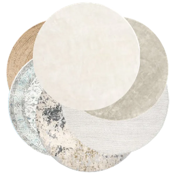 Tans & ivories carpets, a stack of round rugs