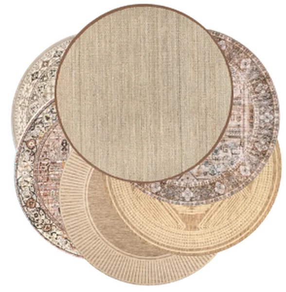 Brown carpets, a stack of round rugs