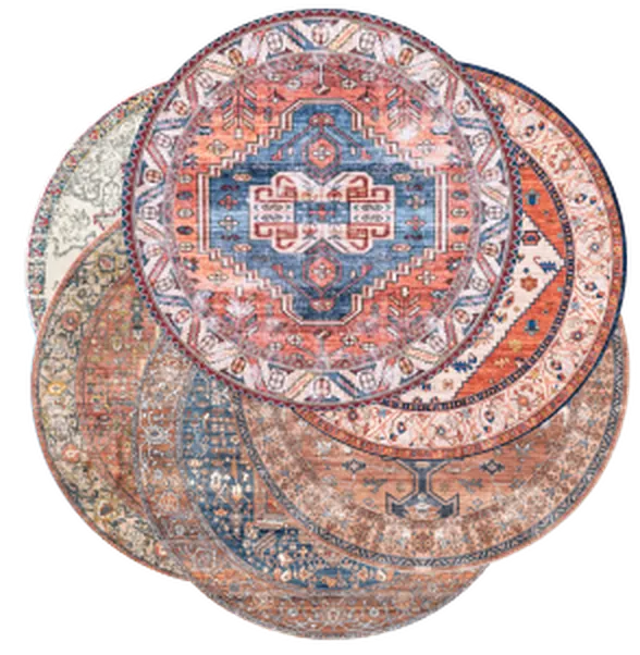 Red & rust carpets, a stack of round rugs