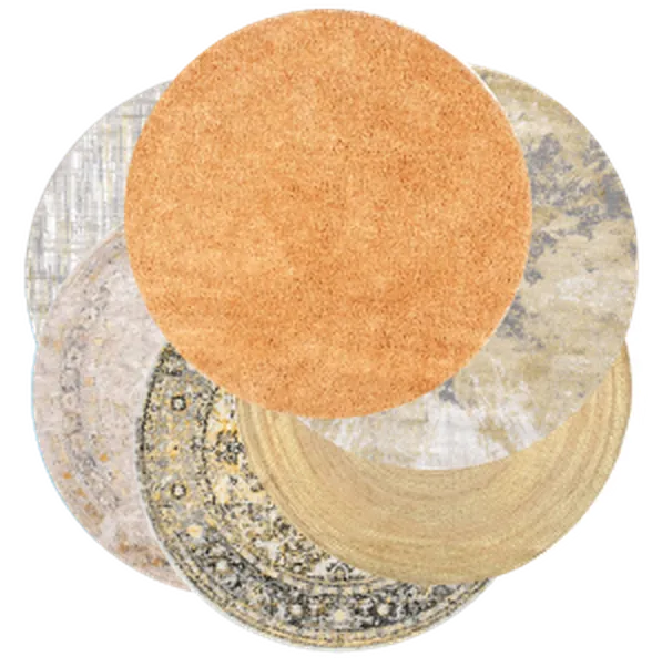 Yellow & gold carpets, a stack of round rugs